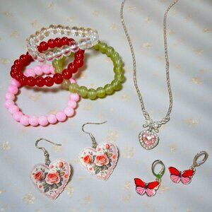Floral Pink Heart Necklace And Earring Set